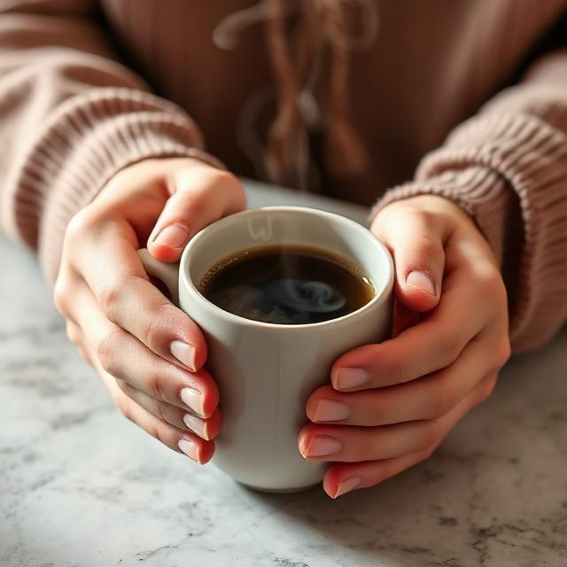 Hands cradling a warm cup of Organo Ganoderma coffee