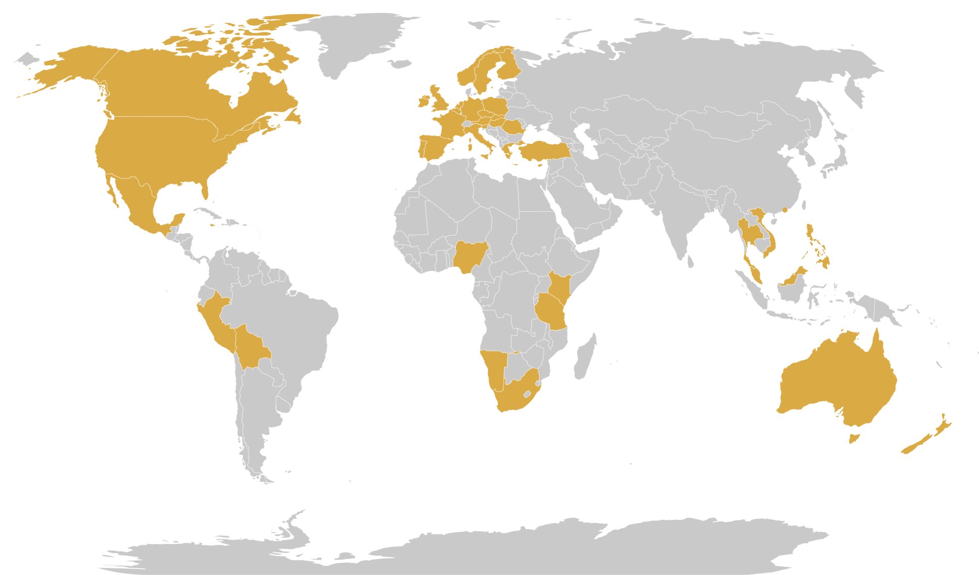 World map showing countries where Organo products are available